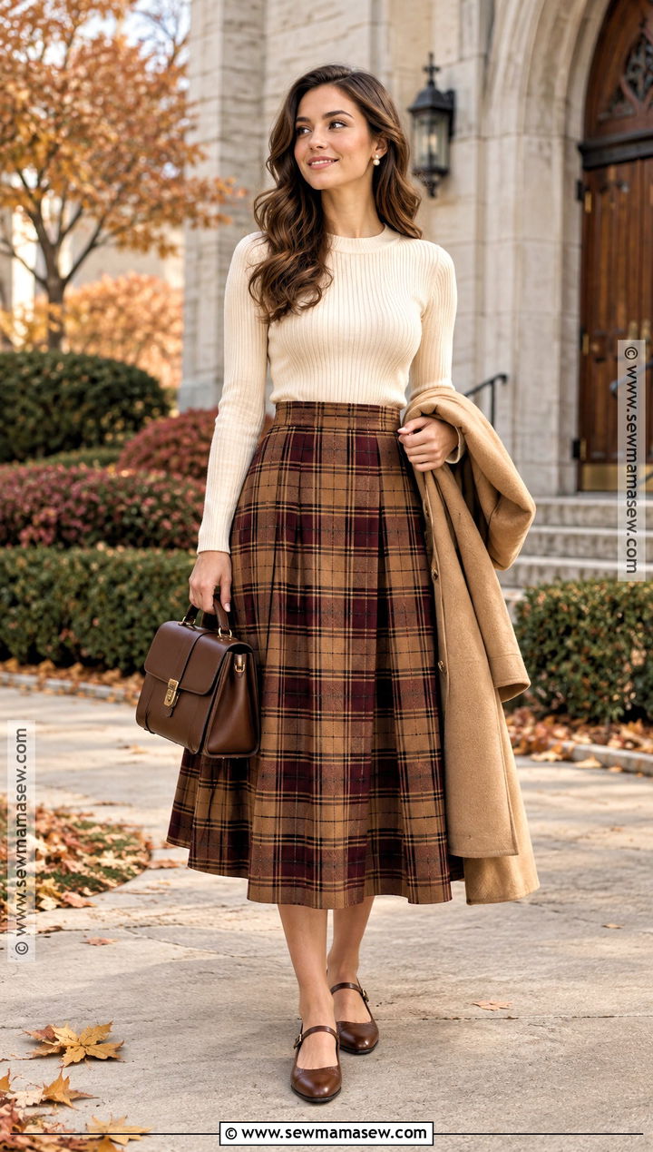 Plaid Midi Skirt And Cream Sweater Church Outfit - 25 autumn church outfits