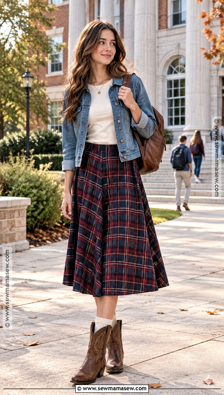 Plaid Midi Skirt And Denim Jacket Outfit - 20 back to school outfits country