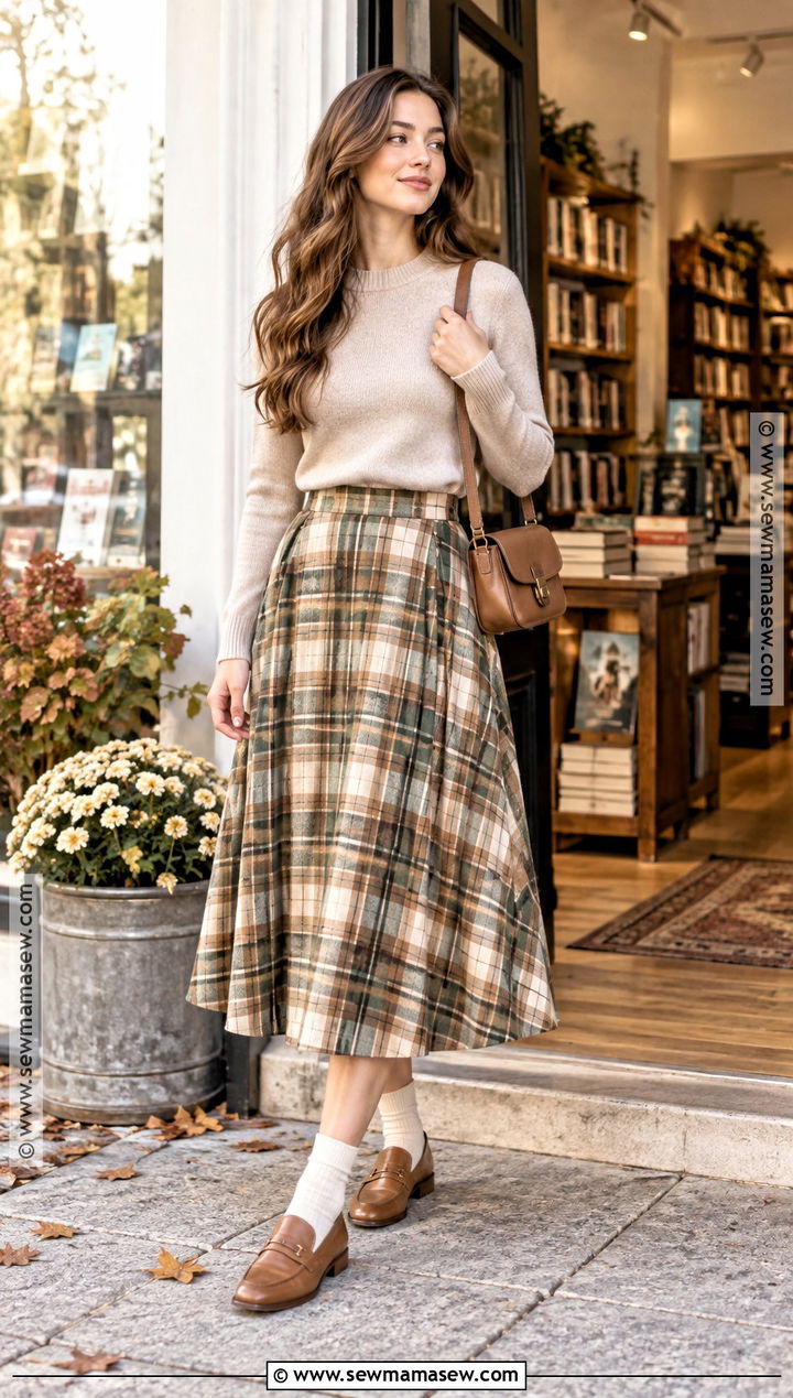 Plaid Midi Skirt And Fitted Knit Soft Fall Outfit - 15 soft fall aesthetic outfits