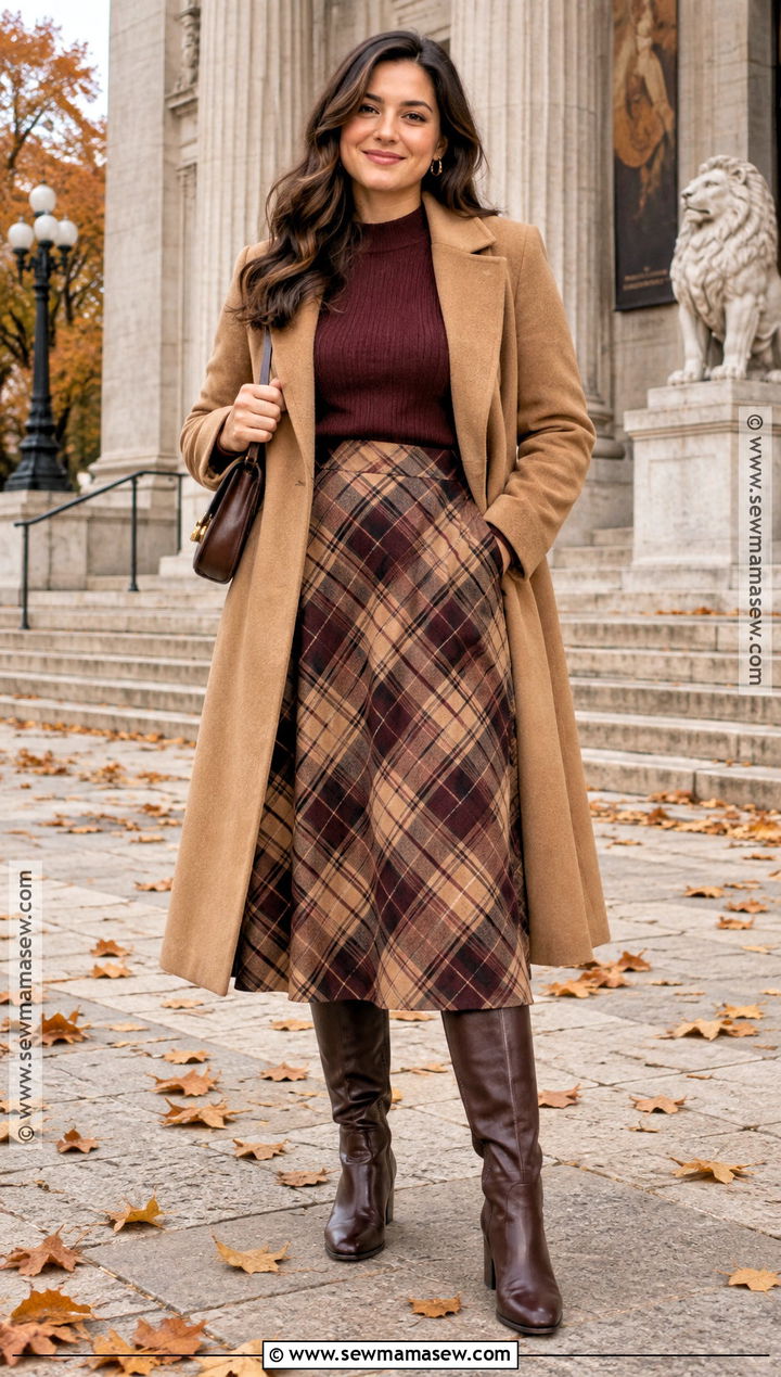 Plaid Midi Skirt And Fitted Sweater Autumn Date Night Outfit - 25 autumn date night outfit ideas
