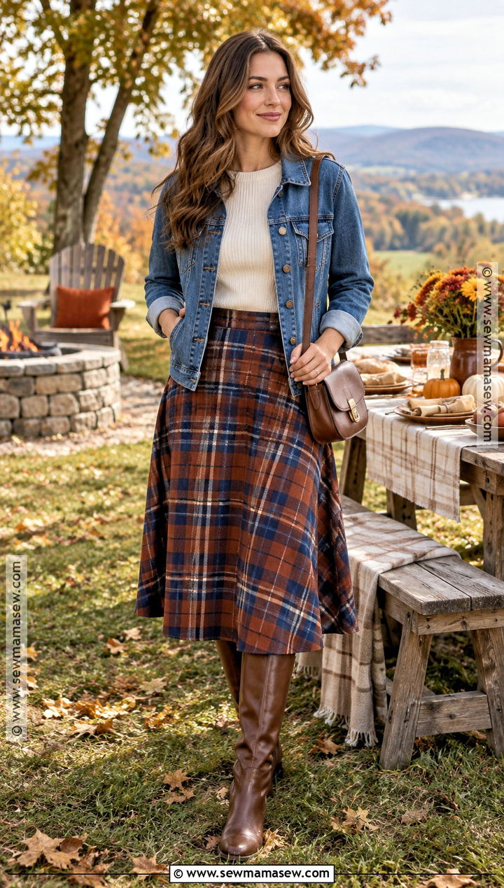 Plaid Midi Skirt And Fitted Sweater Cookout Outfit - 20 Fall Cookout Outfit Ideas