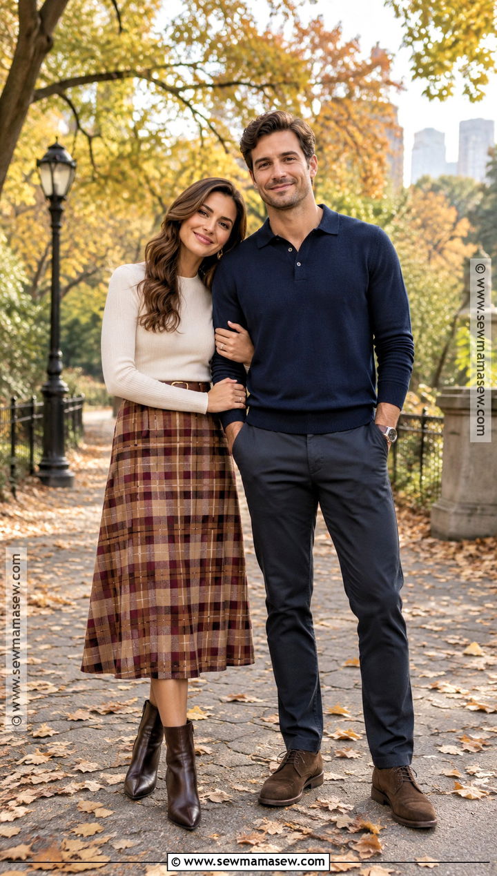 Plaid Midi Skirt And Fitted Sweater Engagement Outfit - 15 engagement pictures outfits fall