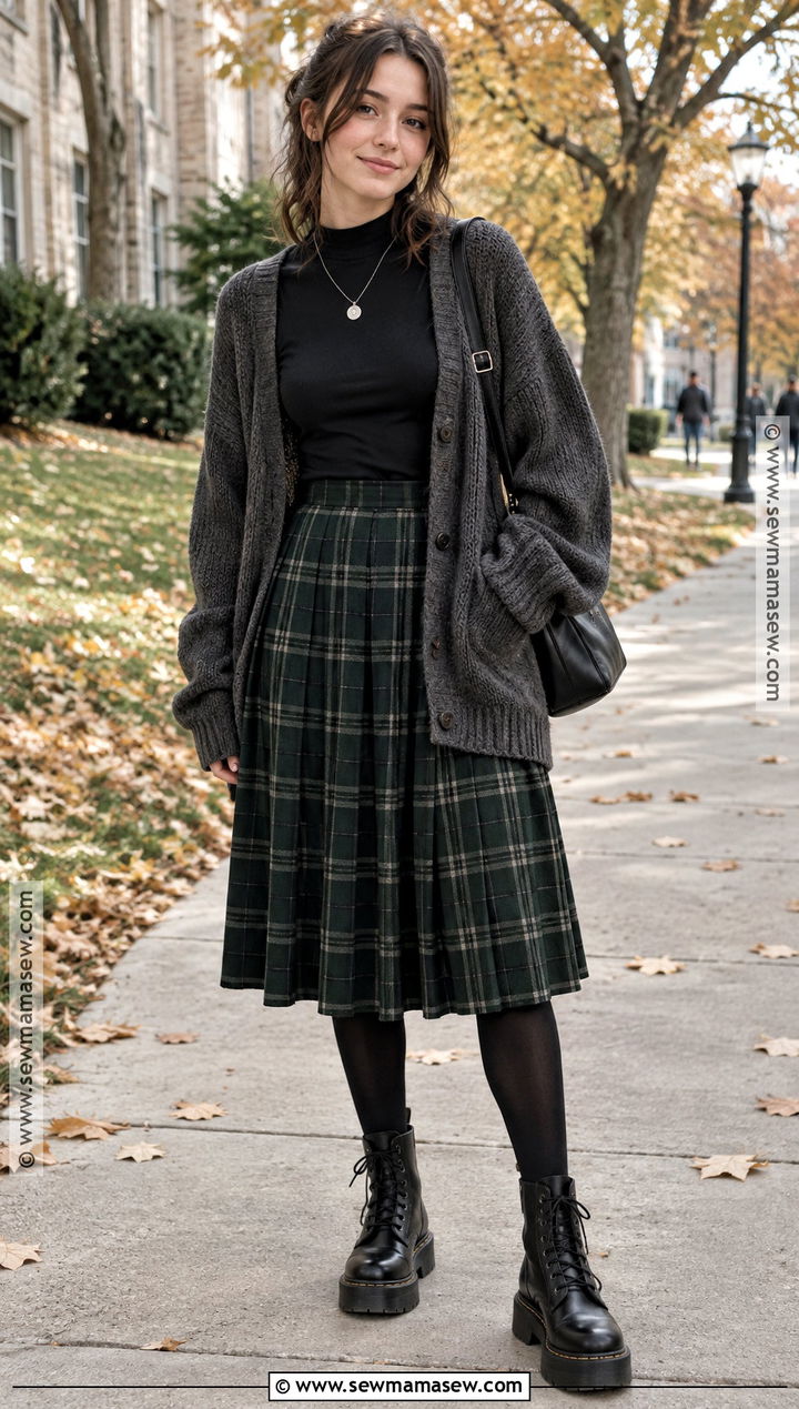 Plaid Midi Skirt And Oversized Cardigan Grunge Outfit - 25 fall outfits grunge