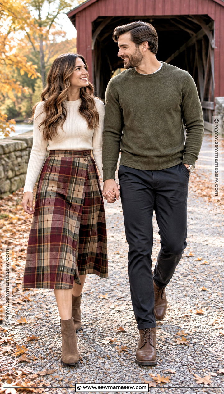 Plaid Midi Skirt And Solid Sweater Couple Outfit - 15 Couple Picture Outfit Ideas Fall