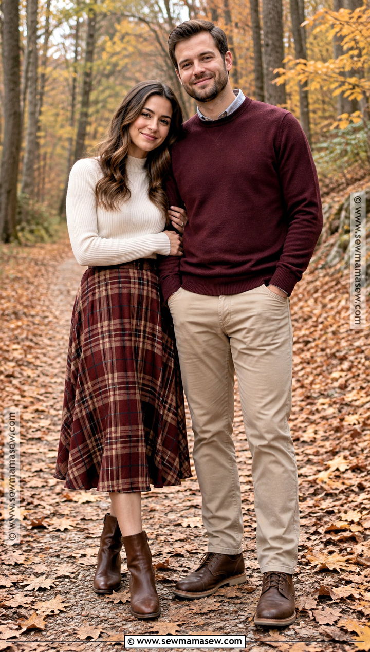 Plaid Midi Skirt And Solid Sweater Fall Couple Outfit - 15 fall outfit ideas for couple pictures