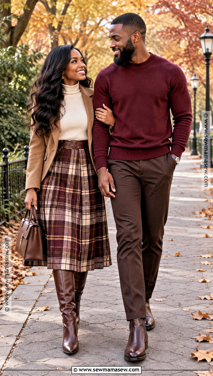 Plaid Midi Skirt And Solid Sweater Fall Couples Outfit - 15 black couples fall photoshoot outfits