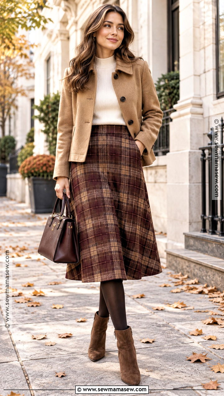 Plaid Midi Skirt And Sweater Church Outfit - 15 Church Outfit Inspo For Fall Ideas