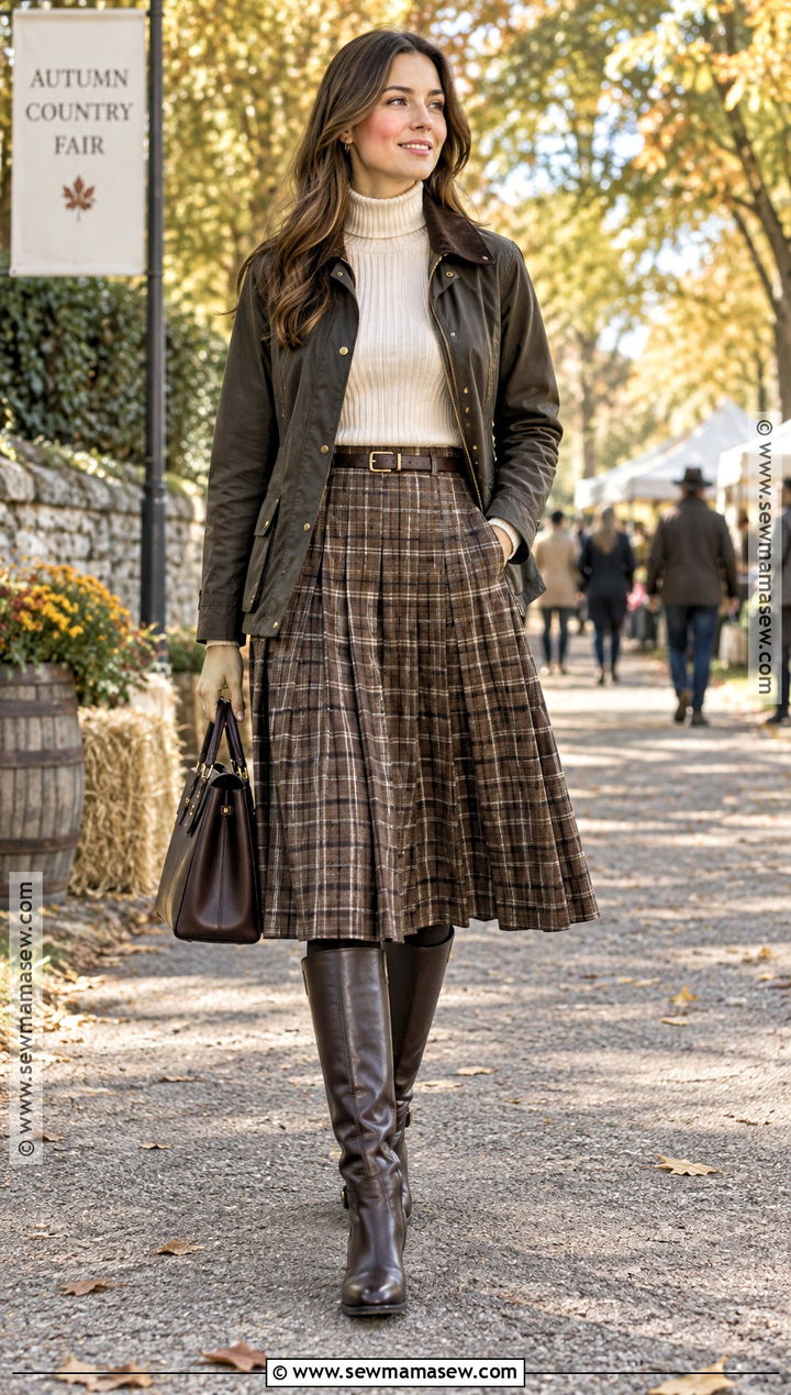 Plaid Midi Skirt And Tall Boots Outfit - 25 fall outfits skirts tights