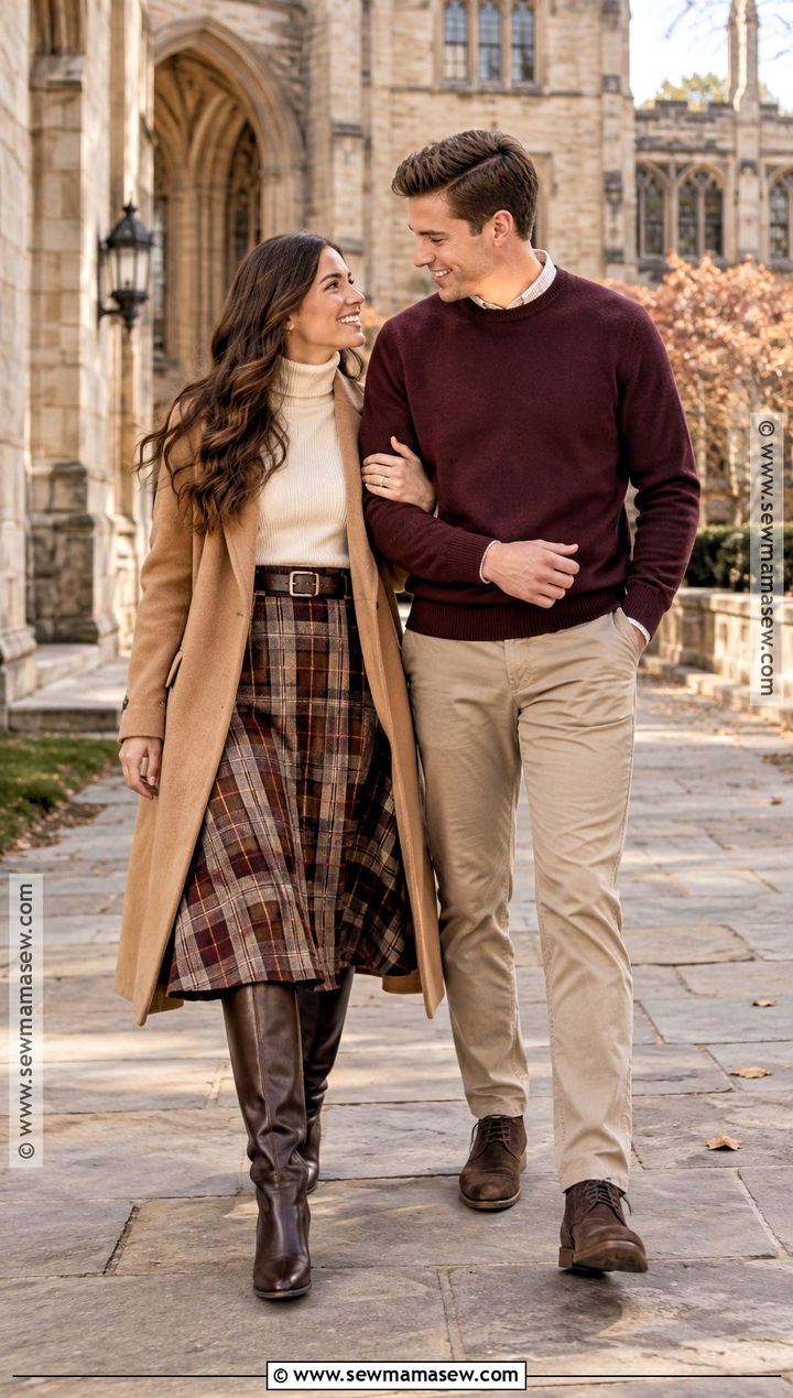 Plaid Midi Skirt And Turtleneck Engagement Outfit - 15 fall engagement photoshoot outfits