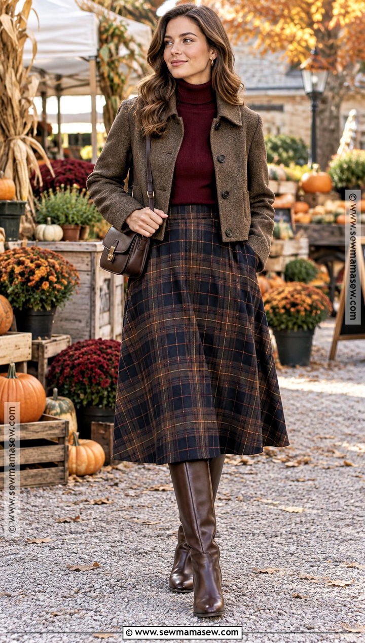 Plaid Midi Skirt And Turtleneck Fall Festival Outfit - 25 fall festival outfits