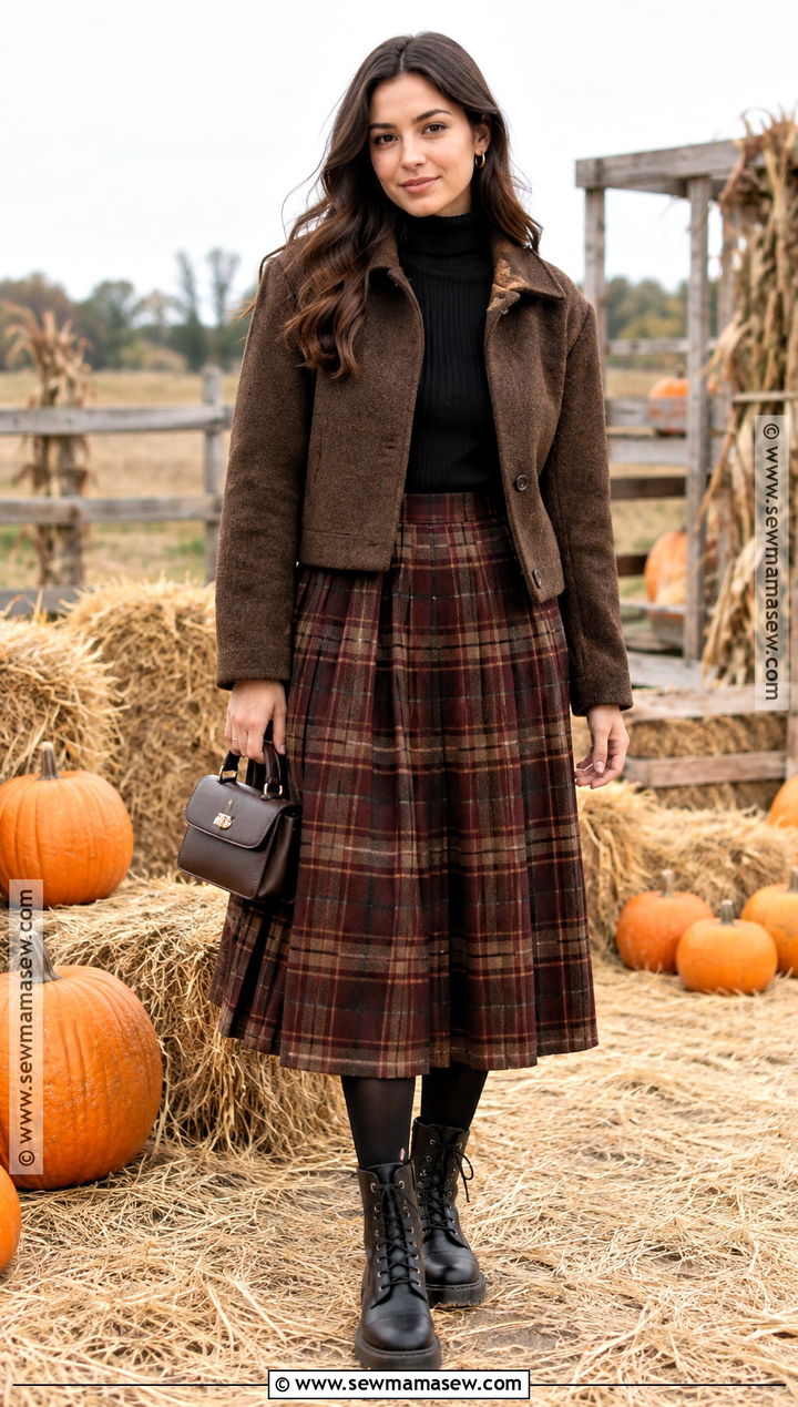Plaid Midi Skirt And Turtleneck Pumpkin Patch Outfit - 20 Pumpkin Patch Aesthetic Outfits