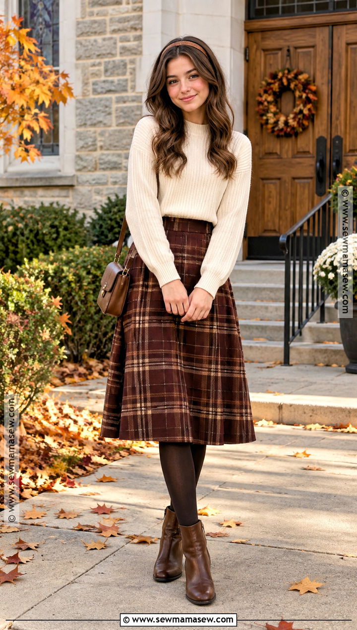 Plaid Midi Skirt Fall Church Outfit - 20 Cute Fall Church Outfits for Teens
