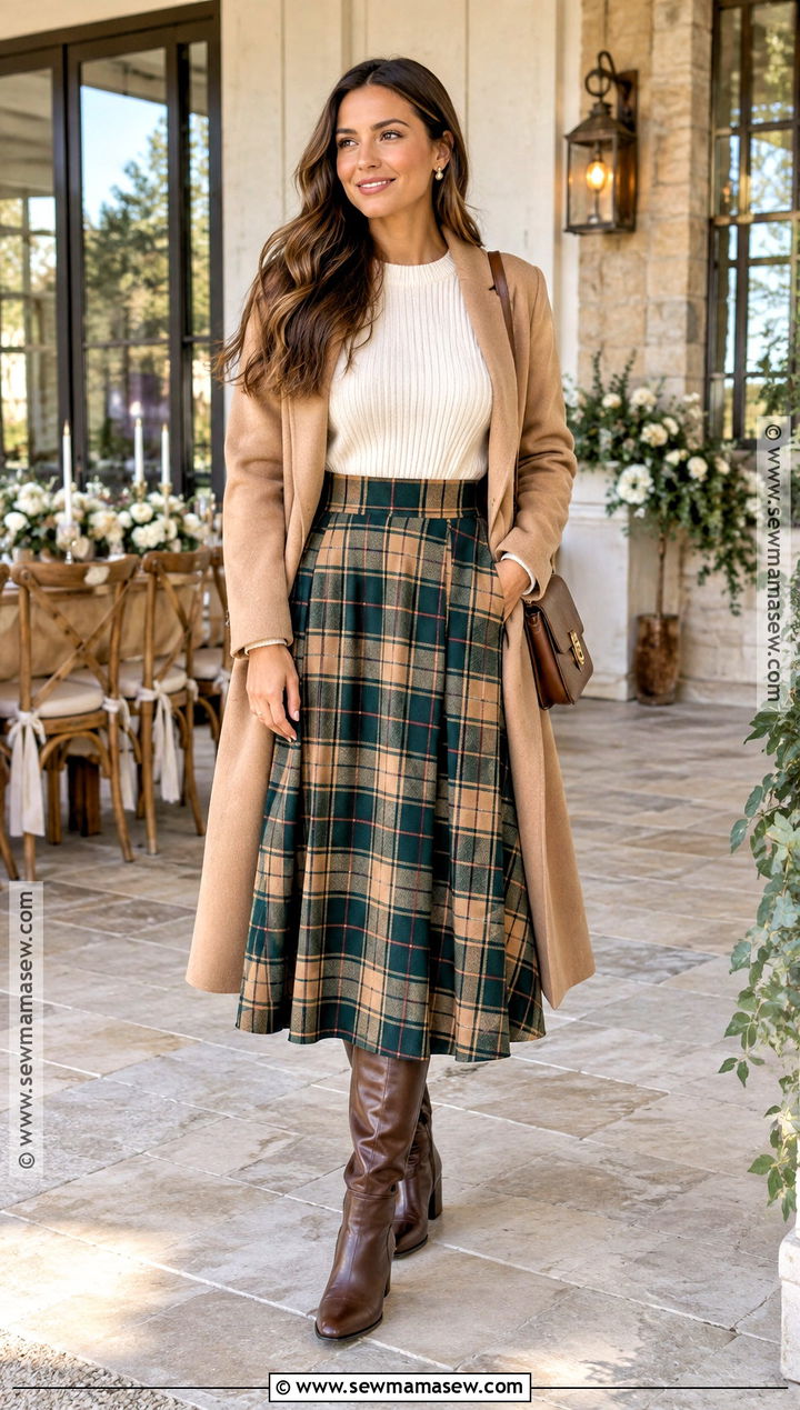 Plaid Midi Skirt Fall Shower Guest Outfit - 20 fall shower outfit for guest ideas