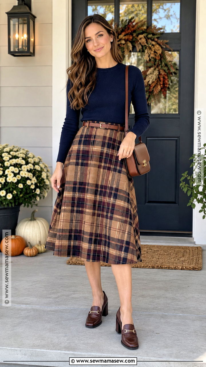 Plaid Midi Skirt Fall Wedding Shower Outfit - 20 Fall Wedding Shower Outfit For Guest Ideas