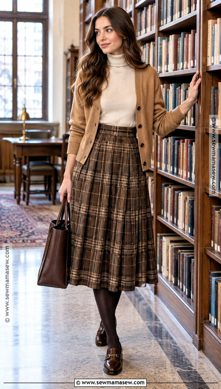 Plaid Midi Skirt Library Outfit - 15 fall library outfit ideas