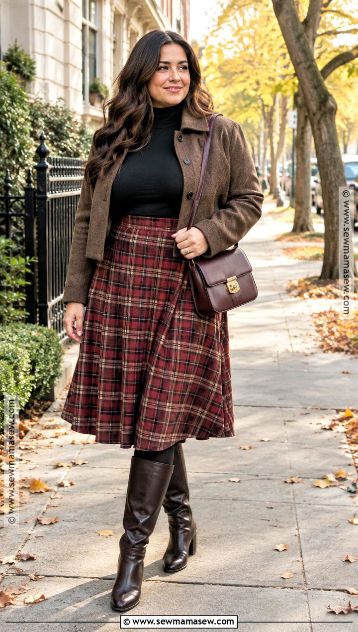 Plaid Midi Skirt Outfit for Autumn - 15 autumn skirt outfit ideas