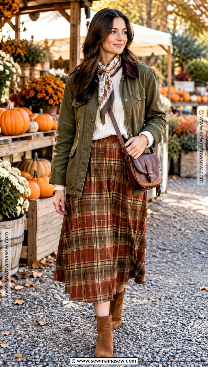 Plaid Midi Skirt With Barn Jacket And Suede Boots - 25 plaid skirt outfit fall ideas