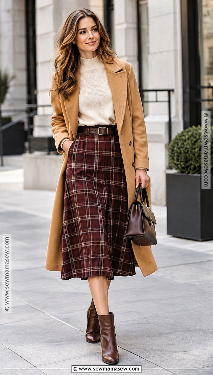 Plaid Midi Skirt With Belted Sweater And Heeled Boots - 25 plaid skirt outfit fall ideas