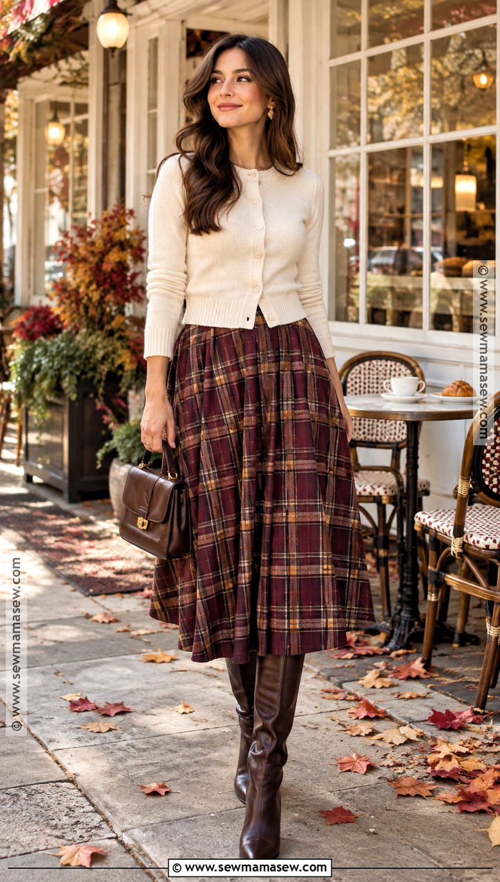 Plaid Midi Skirt With Cardigan And Knee High Boots - 25 fall plaid ideas