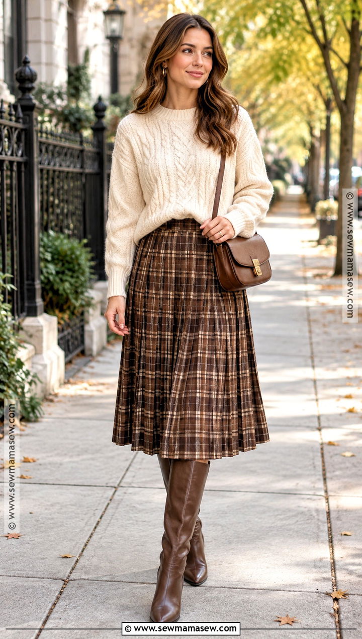 Plaid Midi Skirt With Chunky Sweater - 25 autumn outfits skirt