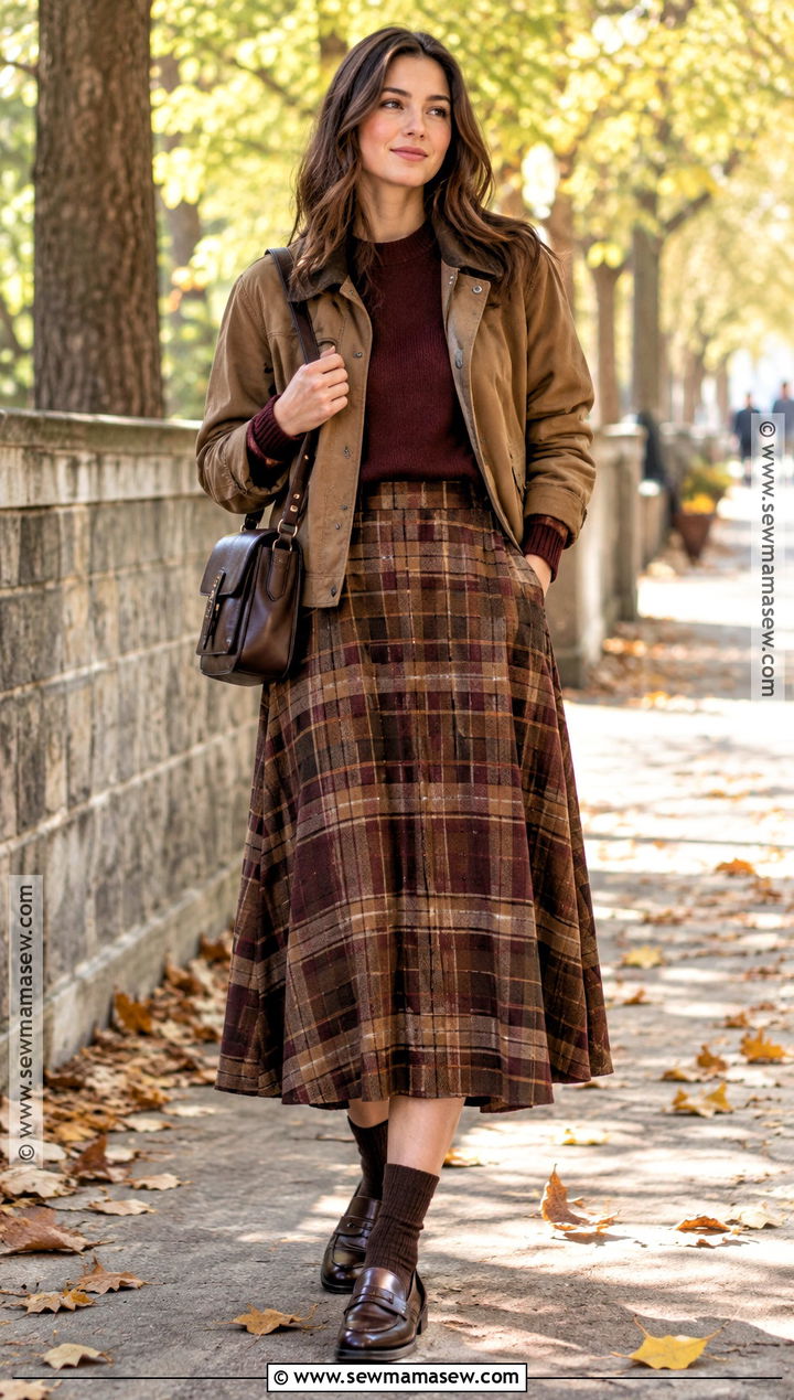 Plaid Midi Skirt With Crew Neck Sweater - 20 autumn outfits skirt midi