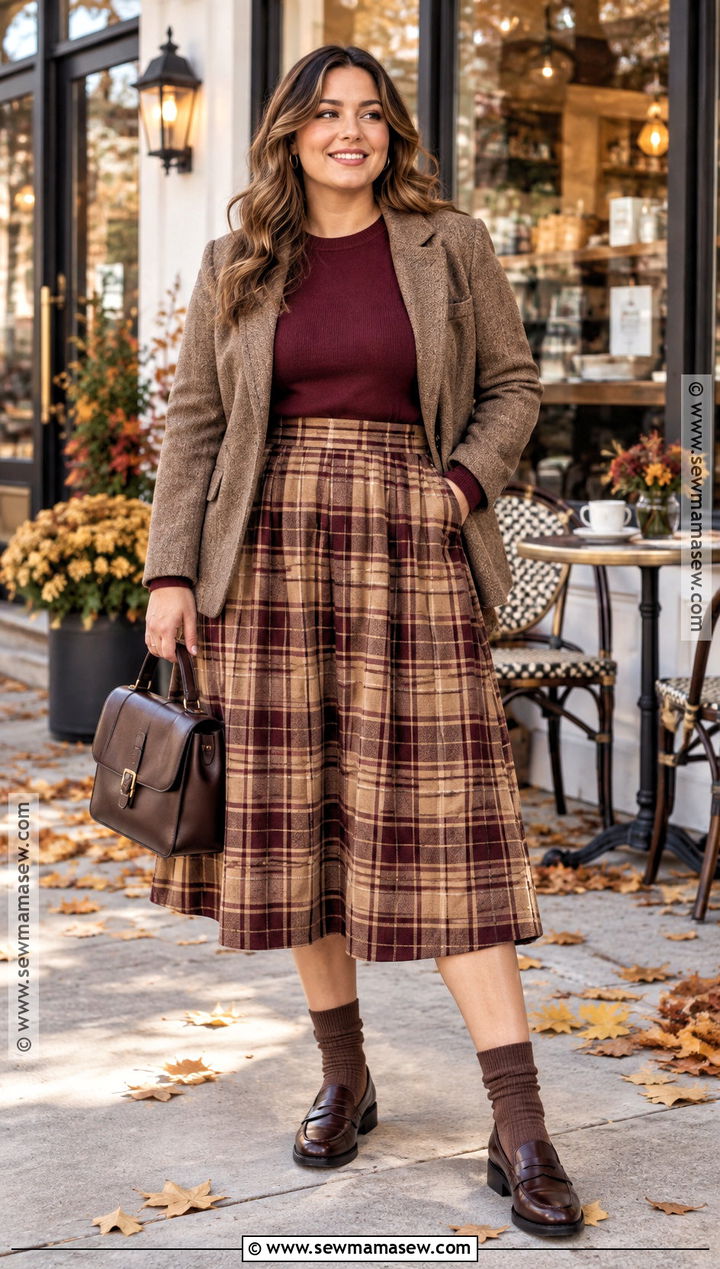 Plaid Midi Skirt With Crewneck Sweater - 20 Midi Skirt Fall Ideas