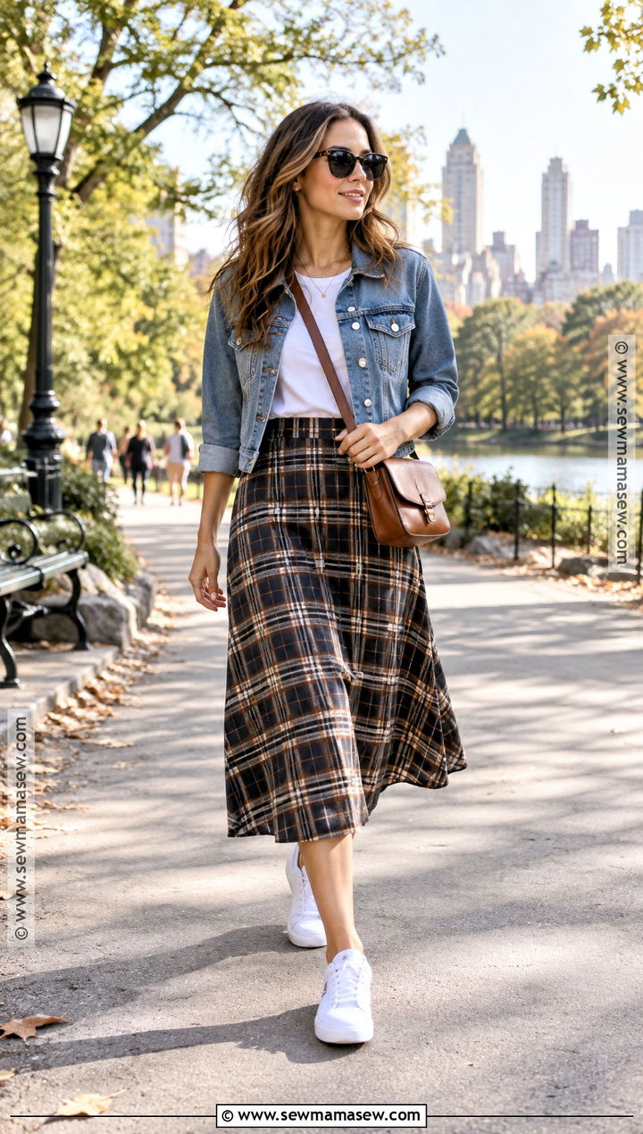 Plaid Midi Skirt With Denim Jacket And White Sneakers - 20 plaid skirt fall outfit ideas