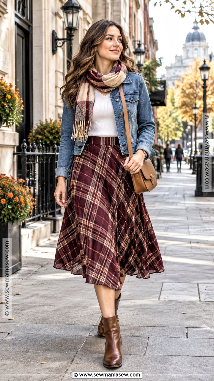 Plaid Midi Skirt With Denim Jacket - 20 fall plaid skirt outfit ideas
