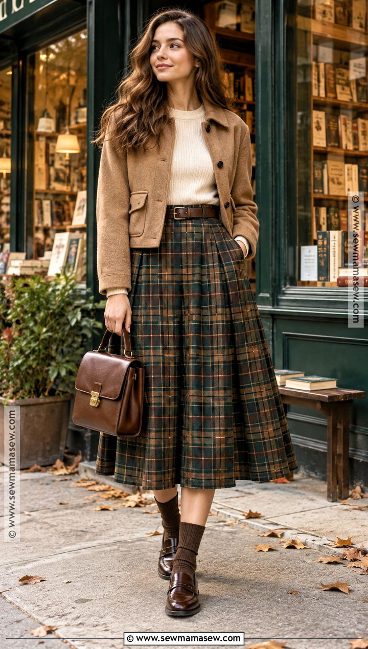 Plaid Midi Skirt With Fitted Knit And Loafers - 20 Midi Skirt Autumn Outfit Ideas