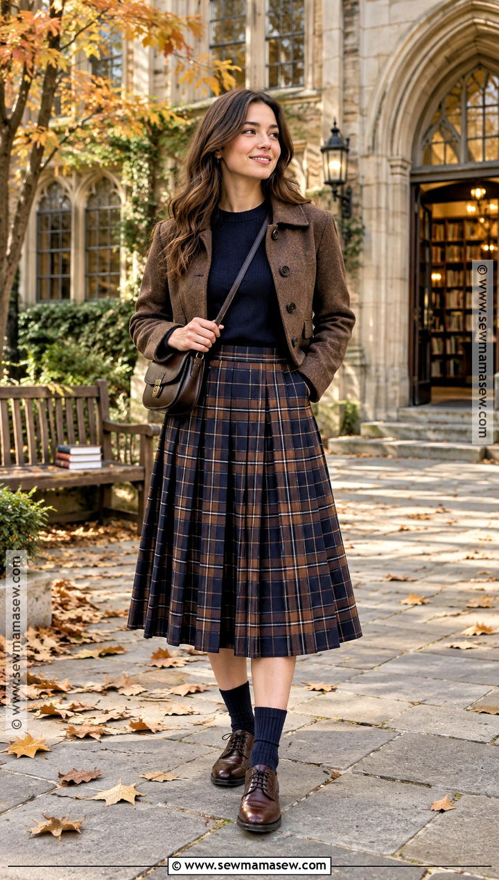 Plaid Midi Skirt With Fitted Sweater And Oxford Shoes - 20 midi skirt fall outfit ideas