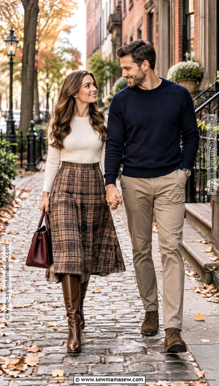 Plaid Midi Skirt With Fitted Sweater - 15 engagement photos outfits september