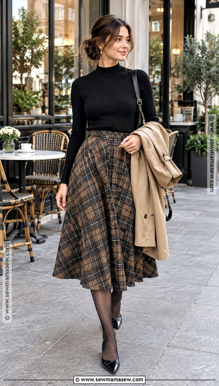 Plaid Midi Skirt With Mock Neck Top And Ballet Flats - 20 plaid skirt fall outfit ideas
