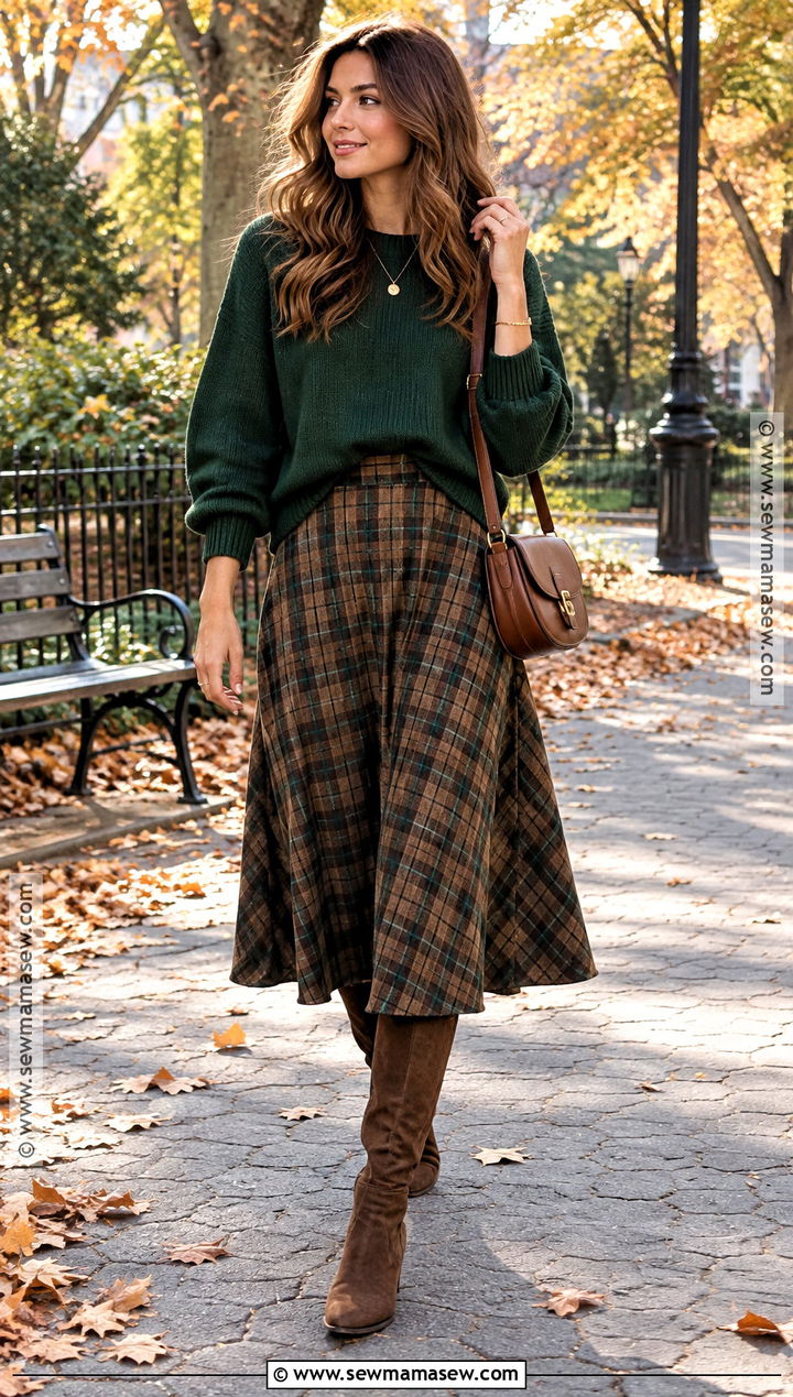 Plaid Midi Skirt With Oversized Sweater And Tall Boots - 25 fall midi skirt outfit ideas