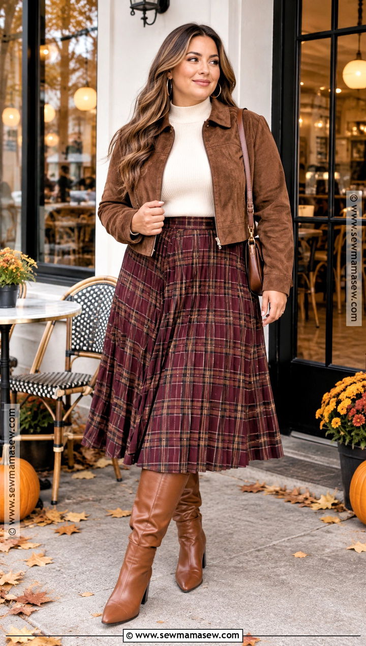 Plaid Midi Skirt With Sweater and Boots - 15 autumn plaid clothing stack ideas