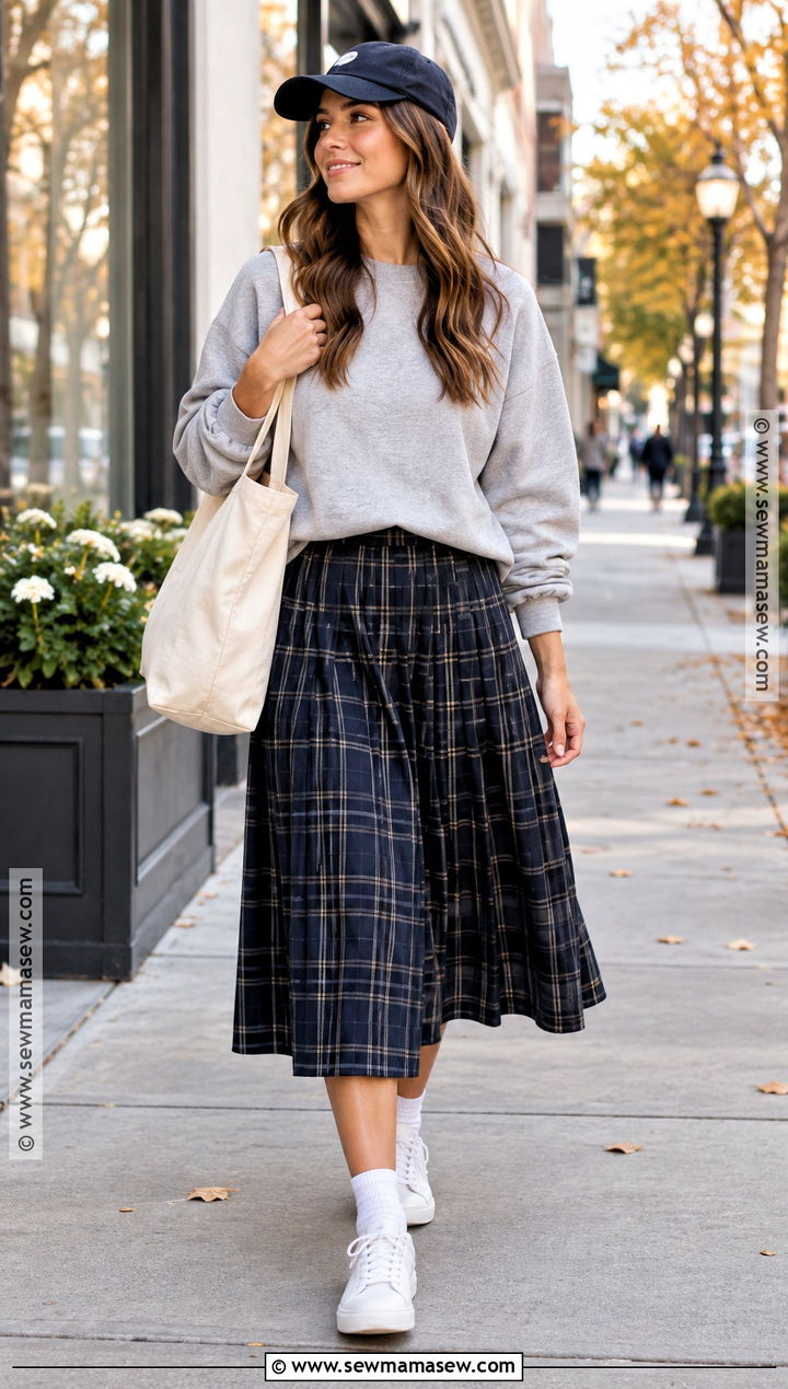 Plaid Midi Skirt With Sweatshirt And Sneakers - 25 plaid skirt outfit fall ideas
