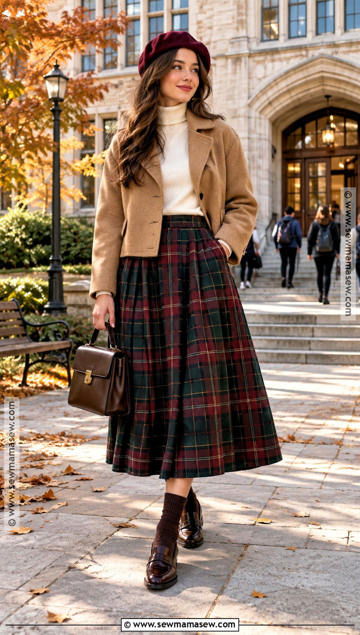 Plaid Midi Skirt With Turtleneck And Beret - 20 Fall Whimsical Outfit Ideas