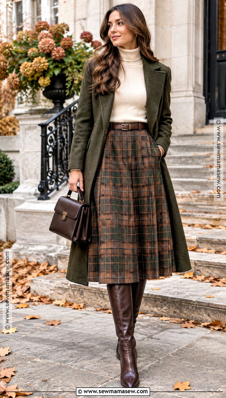 Plaid Midi Skirt With Turtleneck And Knee High Boots - 15 fall outfits with midi skirts