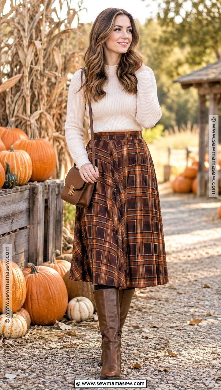 Plaid Midi Skirt and Knit Sweater Pumpkin Patch Outfit - 20 Pumpkin Patch Mom Outfit Ideas