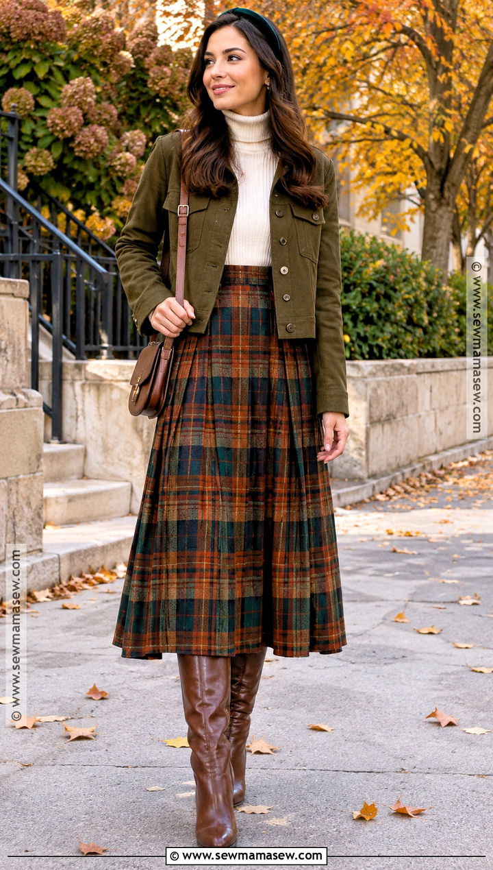 Plaid Midi Skirt and Turtleneck Fall Outfit - 15 festive fall outfits