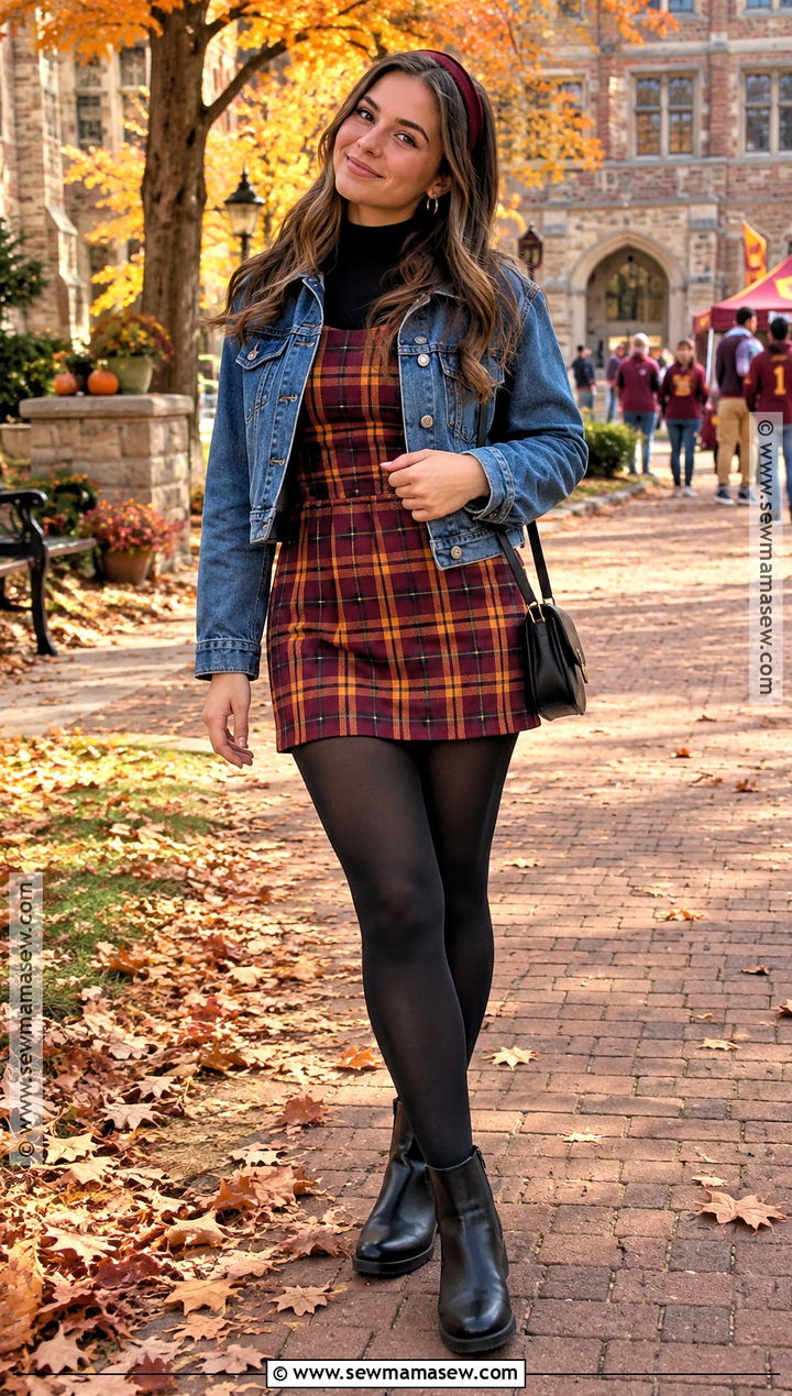 Plaid Mini Dress And Ankle Boots Football Outfit - 20 cute fall football game outfits