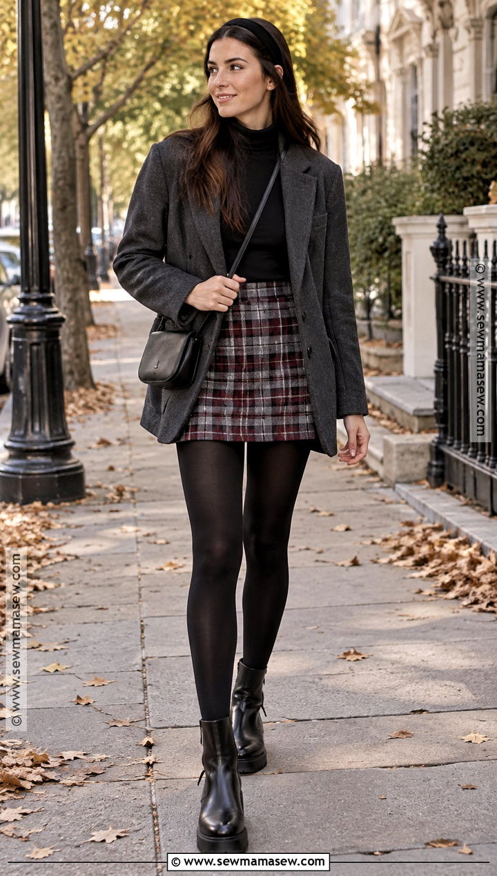 Plaid Mini Skirt And Tights With Black Ankle Boots - 15 Black Ankle Boots Fall Fashion