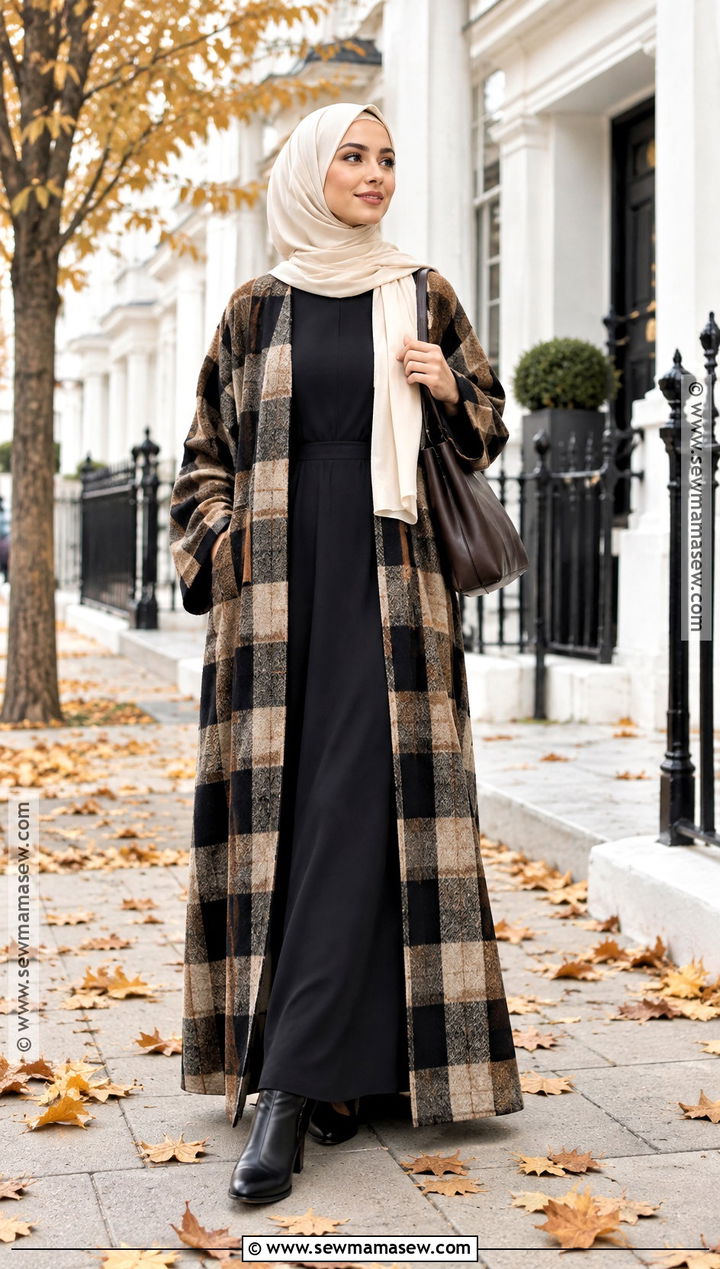Plaid Open Abaya With Neutral Layers - 15 autumn abaya outfits