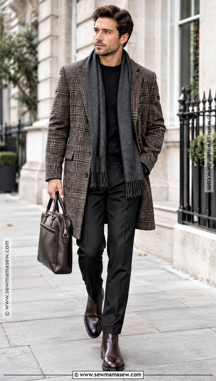 Plaid Overcoat With Neutral Basics - 15 autumn coat ideas for men
