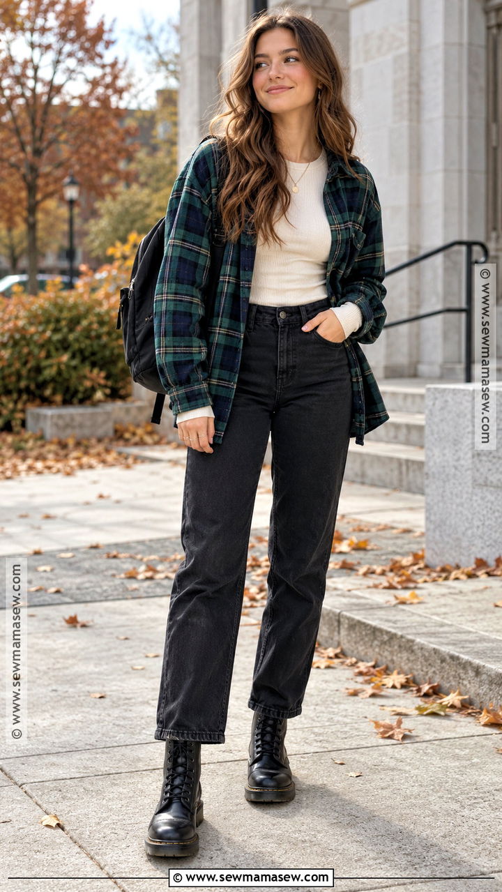 Plaid Overshirt And Black Jeans Fall School Outfit - 20 fall outfits women school