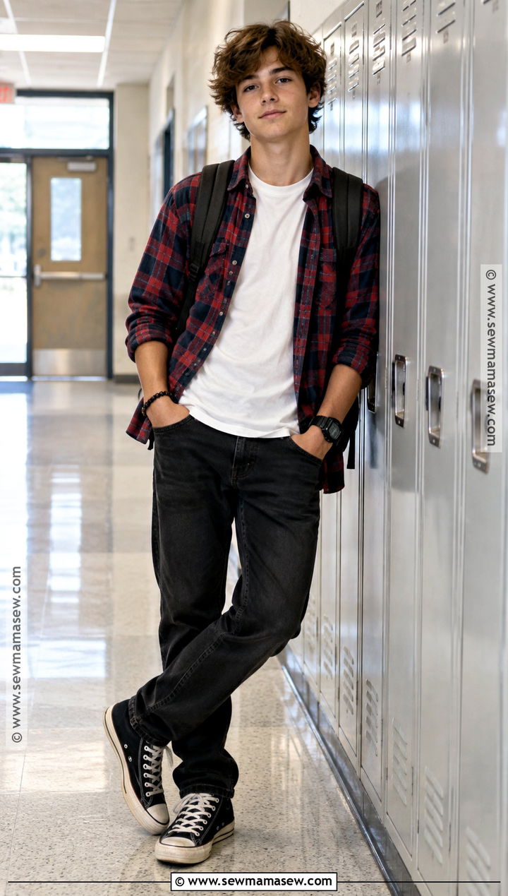 Plaid Overshirt And Black Jeans School Outfit - 15 grade 8 back to school outfits