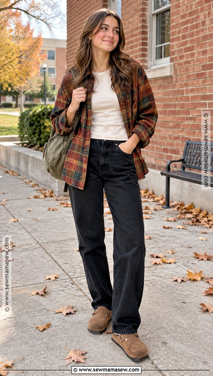 Plaid Overshirt And Black Jeans School Outfit - 15 fall clothes for school