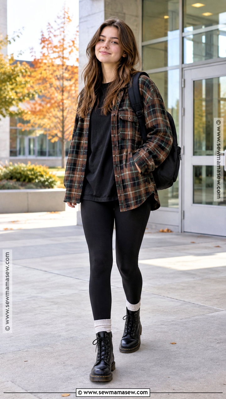 Plaid Overshirt And Black Leggings Fall School Outfit - 20 cute fall school outfits