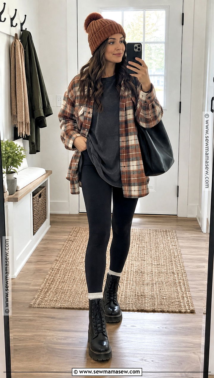 Plaid Overshirt And Black Leggings Outfit - 15 ootd fall ideas 2026