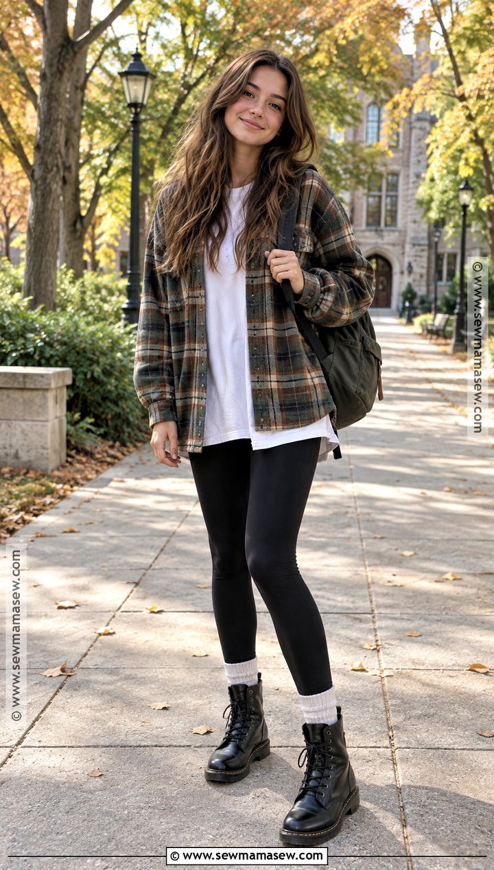 Plaid Overshirt And Black Leggings School Outfit - 25 cute outfits for school fall