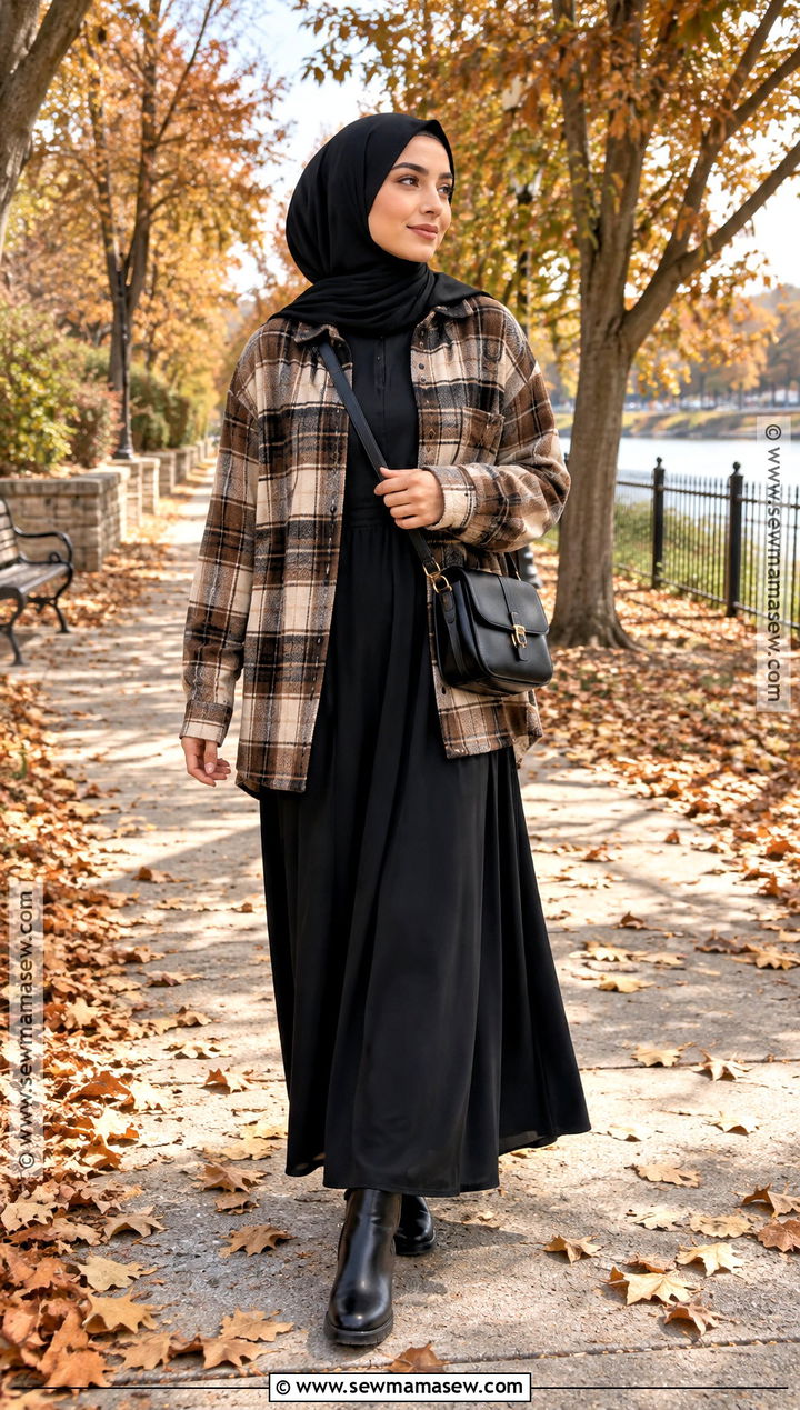 Plaid Overshirt And Black Maxi Dress Hijabi Fall Outfit - 20 hijabi fall fits